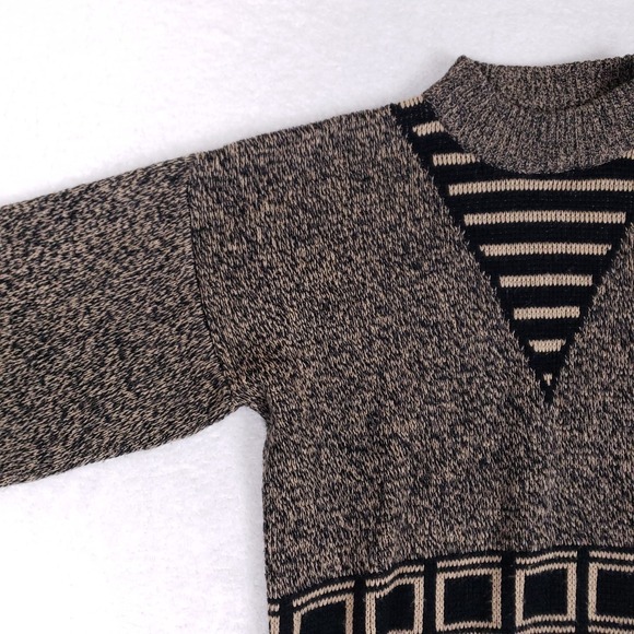 Vintage 90s Marquis Sweater M Mock Neck Geometric Knit Pullover Black Tan Korea - Picture 4 of 12